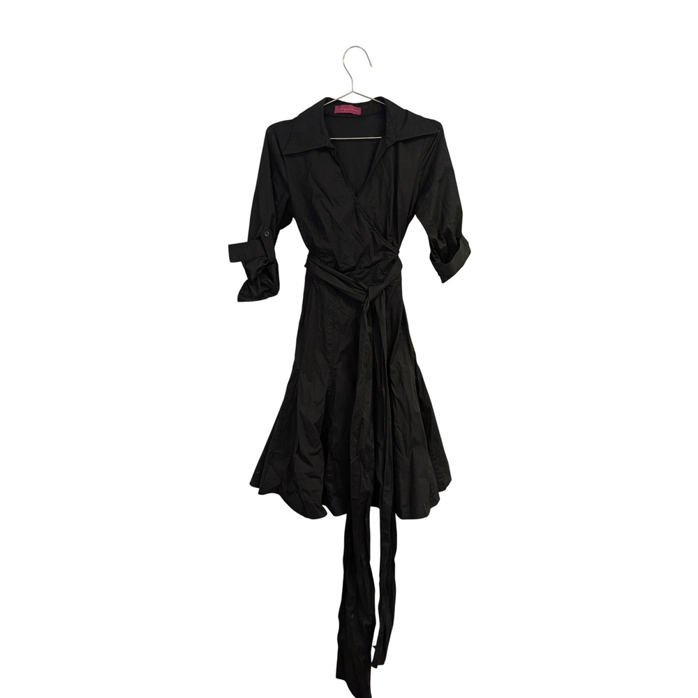 Melissa Masse Made to Measure Poplin Wrap Style Shirt Dress with Tie Black M